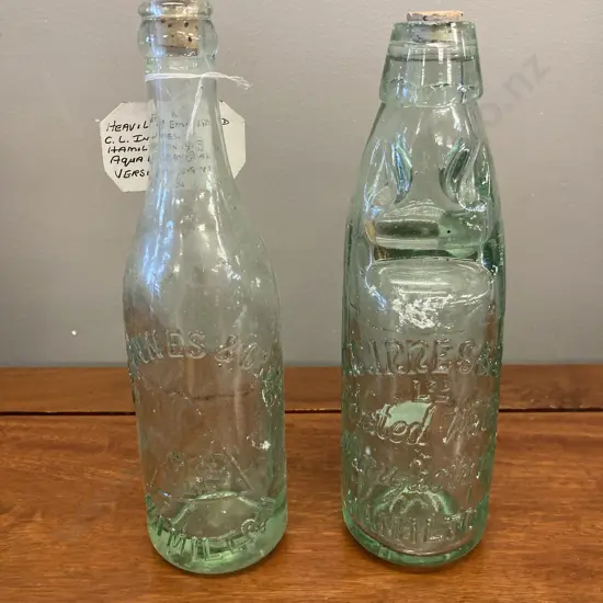 C.L. Innes & Co. Hamilton Bottles  x 2 - Codd Bottle, Stylised Logo & 6348 On Base &1913 Embossed Aqua Glass Bottle